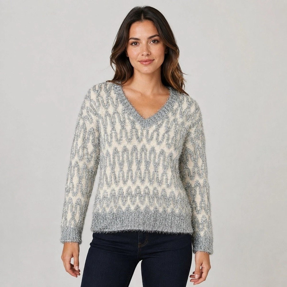 Loft Womens V-Neck Eyelash Metallic Silver White Geometric Sweater L NEW